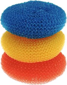 Plastic Mesh Scouring Pads - 3 Pack, 3.375" x 1.25", Non-Scratch Dish Scrubbers to Clean Dishes, Assorted Colors - Red, Blue & Yellow
