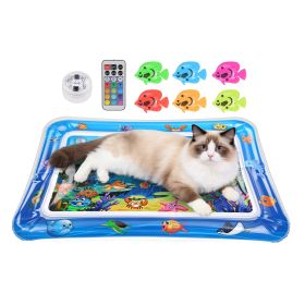Cat Water Mat Interactive Sensory Play Mat with Floating Fish Toys LED Color Changing Light Thickened PVC for Indoor Cats Kittens Pet Enrichment (Option: CatWaterMatBlue)